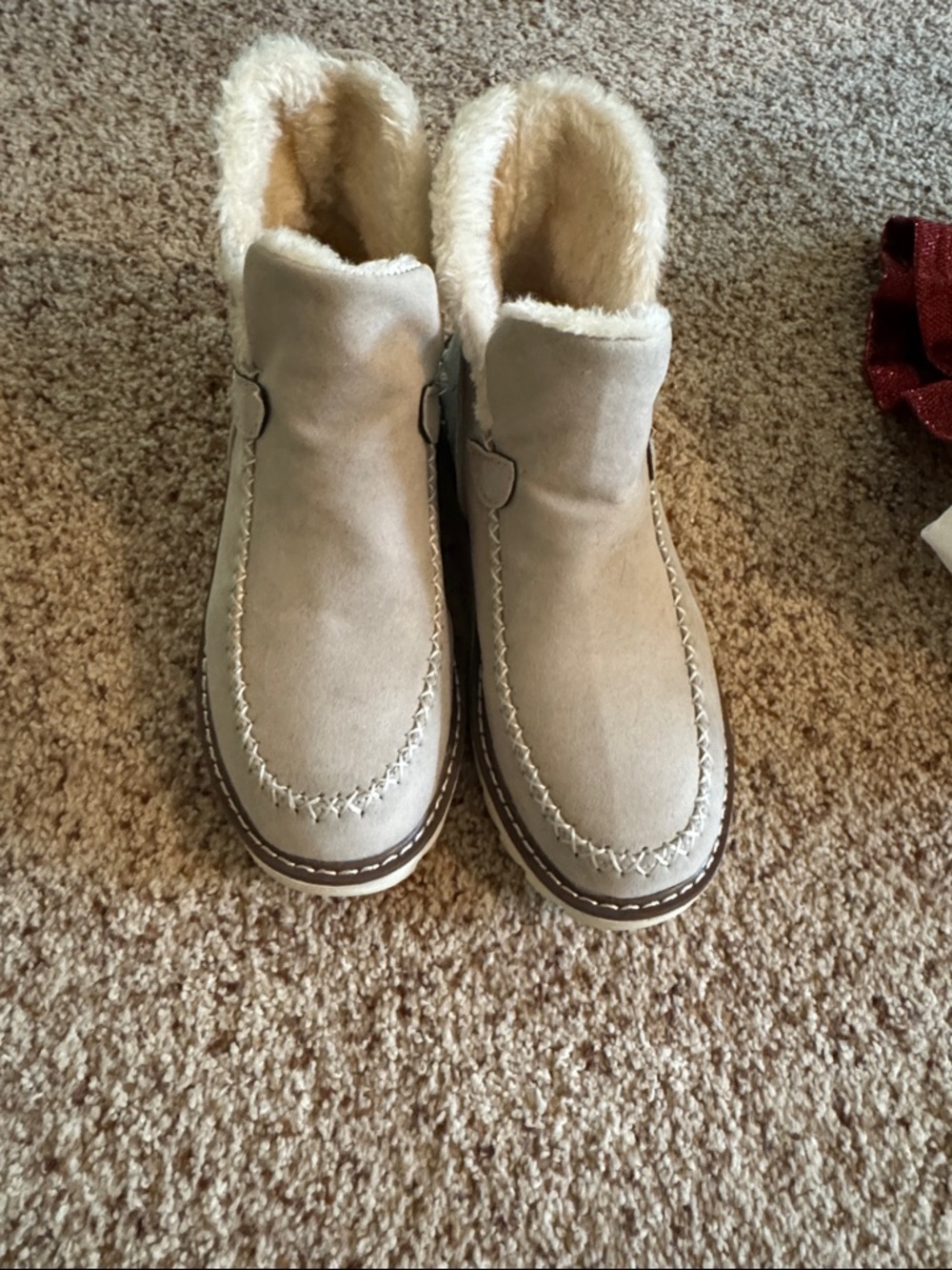 Women's Light Beige Suede Faux-Fur Ankle Booties